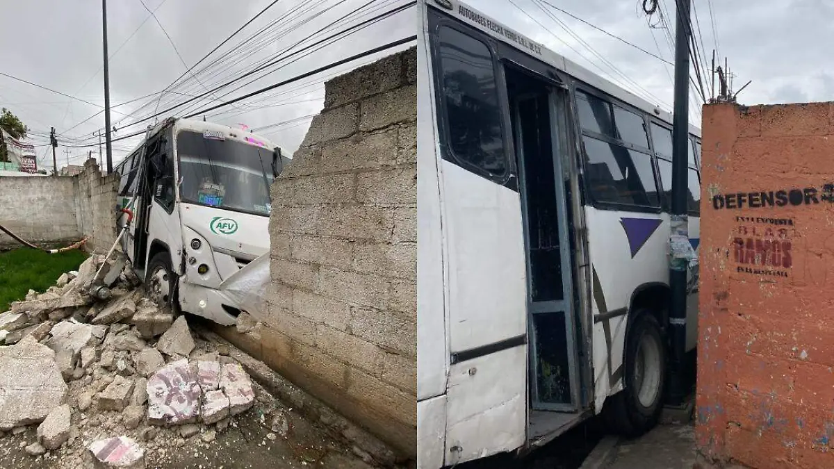 Una unidad de la ruta Autobuses Flecha Verde chocó contra una barda en la colonia San José Los Cerritos